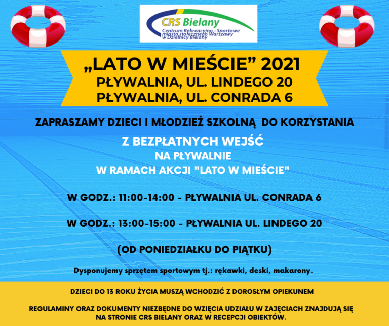 Grafika z następującą informacją: ZAPRASZAMY DZIECI I MŁODZIEŻ SZKOLNĄ DO KORZYSTANIA Z BEZPŁATNYCH WEJŚĆ NA PŁYWALNIE W RAMACH AKCJI