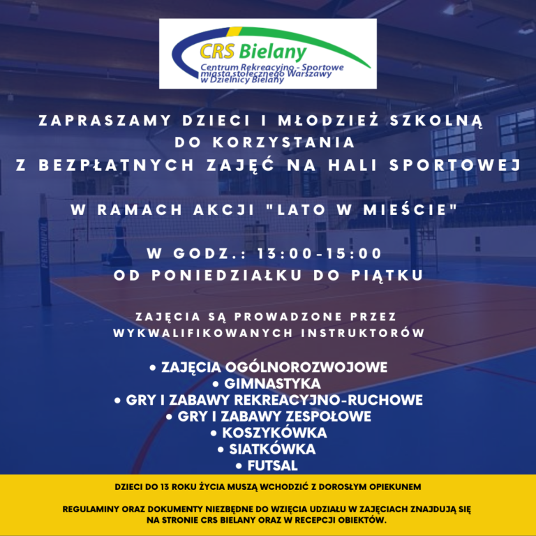 Grafika z przewaga koloru granatowego z następującą informacją: ZAPRASZAMY DZIECI I MŁODZIEŻ SZKOLNĄ DO KORZYSTANIA Z BEZPŁATNYCH ZAJĘĆ NA HALI SPORTOWEJ W RAMACH AKCJI