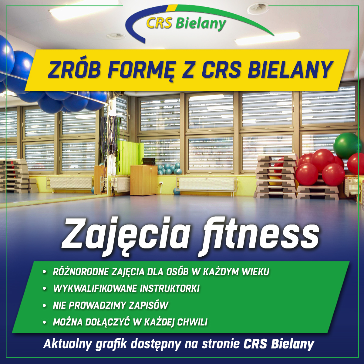 Grafika zachęcająca do udziału w zajęciach fitness w kolorystyce logo CRS Bielany.
