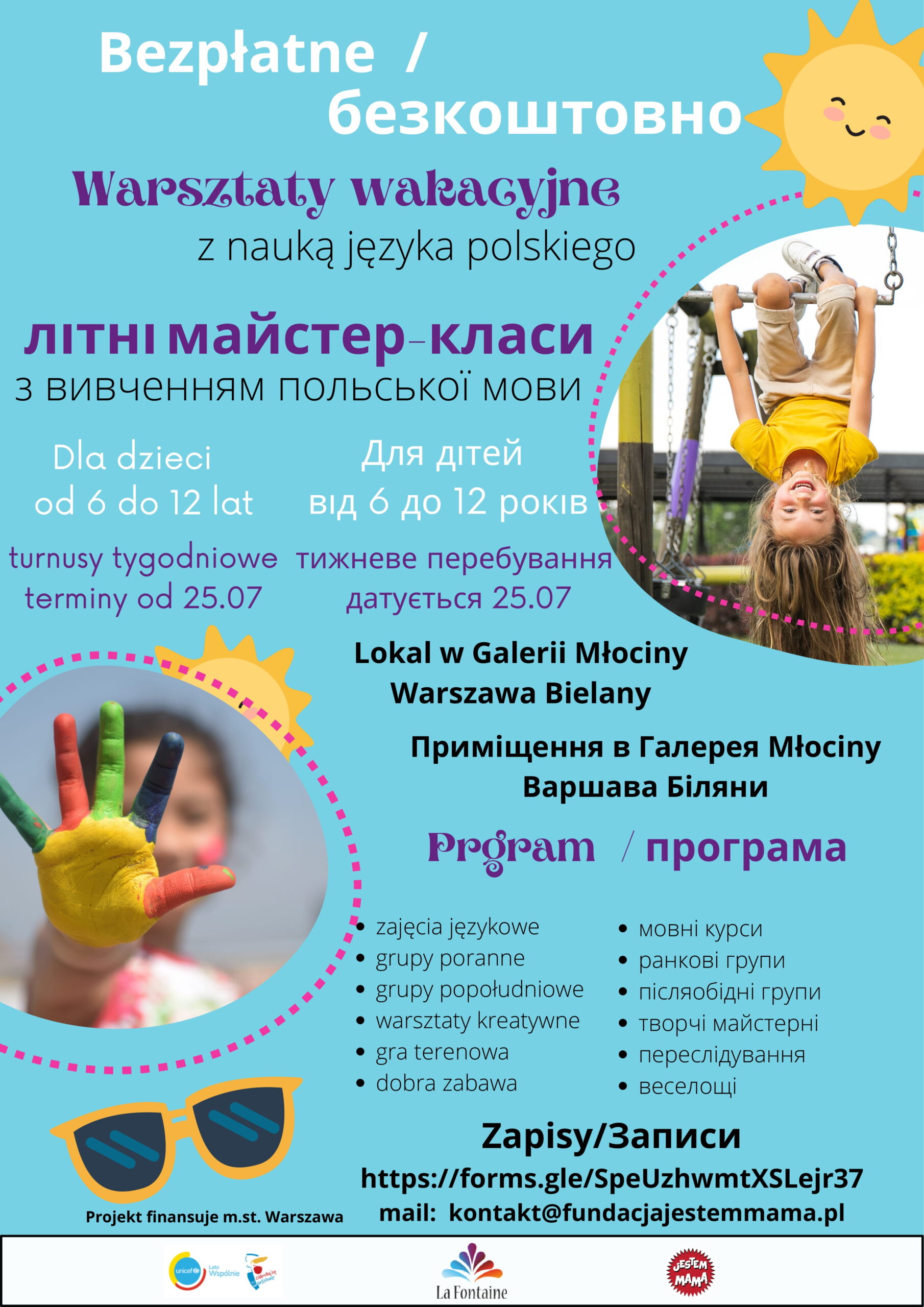plakat informujący o bezpłatnych zajęciach dla dzieci z Ukrainy.